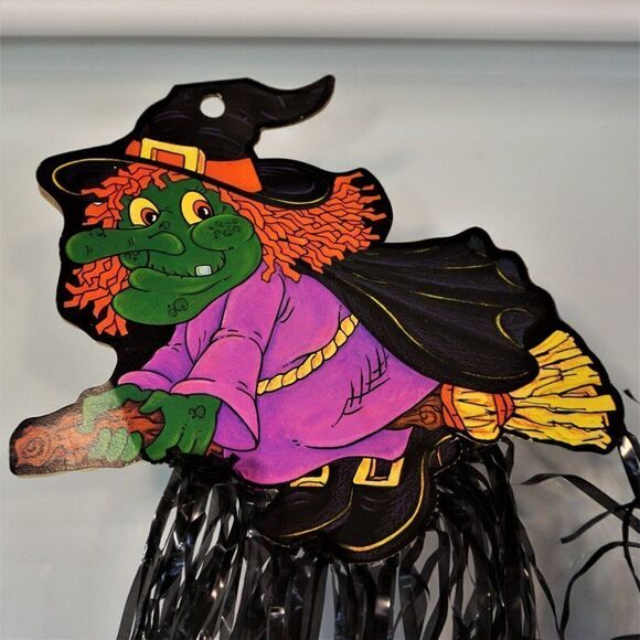 Vintage Flying Witch on Broomstick Black Fringe Halloween Cardboard Die Cut - Picture 5 of 6
